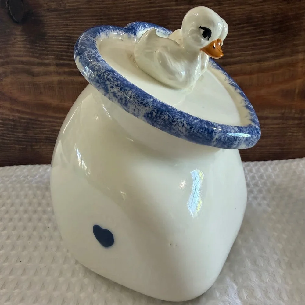 Country Heart Ceramic Duck Canister White Blue Heart Farmhouse CountryLiving Jar